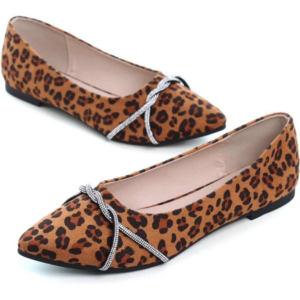 Women's Leopard Casual Flats Fashion Chain Pointed Toe Ballet Flat Rhinestone - Picture 6 of 7